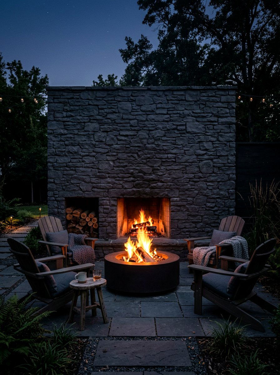 Fire Pit Stone Backdrop - 30 limewashed wall backyard ideas