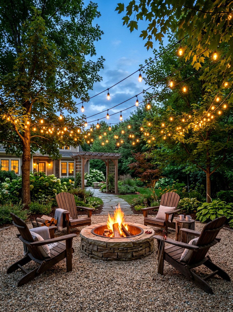 Fire Pit String Lights - 30 fire pit corner ideas