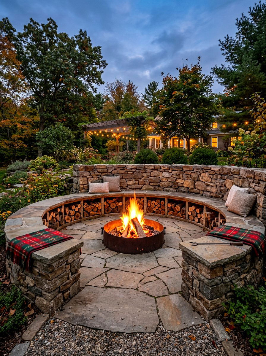 Fire Pit With Wood Storage Seating - 30 seat wall fire pit ideas