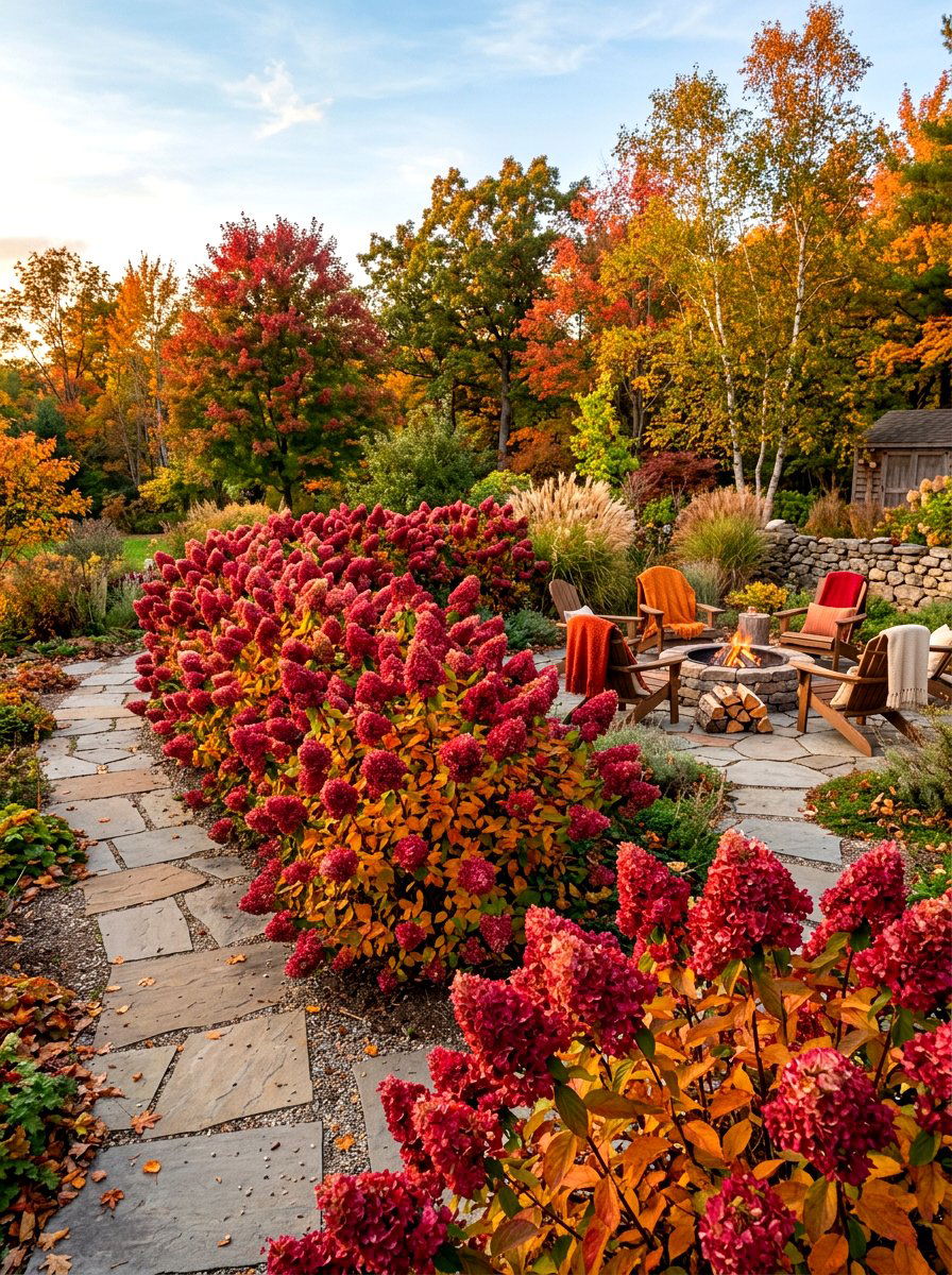 Fire light hydrangea fall color hedge - 30 hydrangea hedge ideas