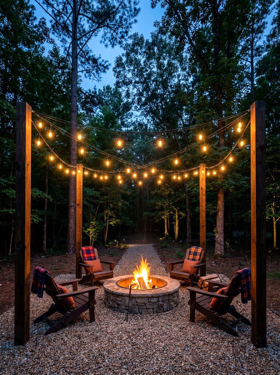 Fire pit area lighting - 30 string light ideas