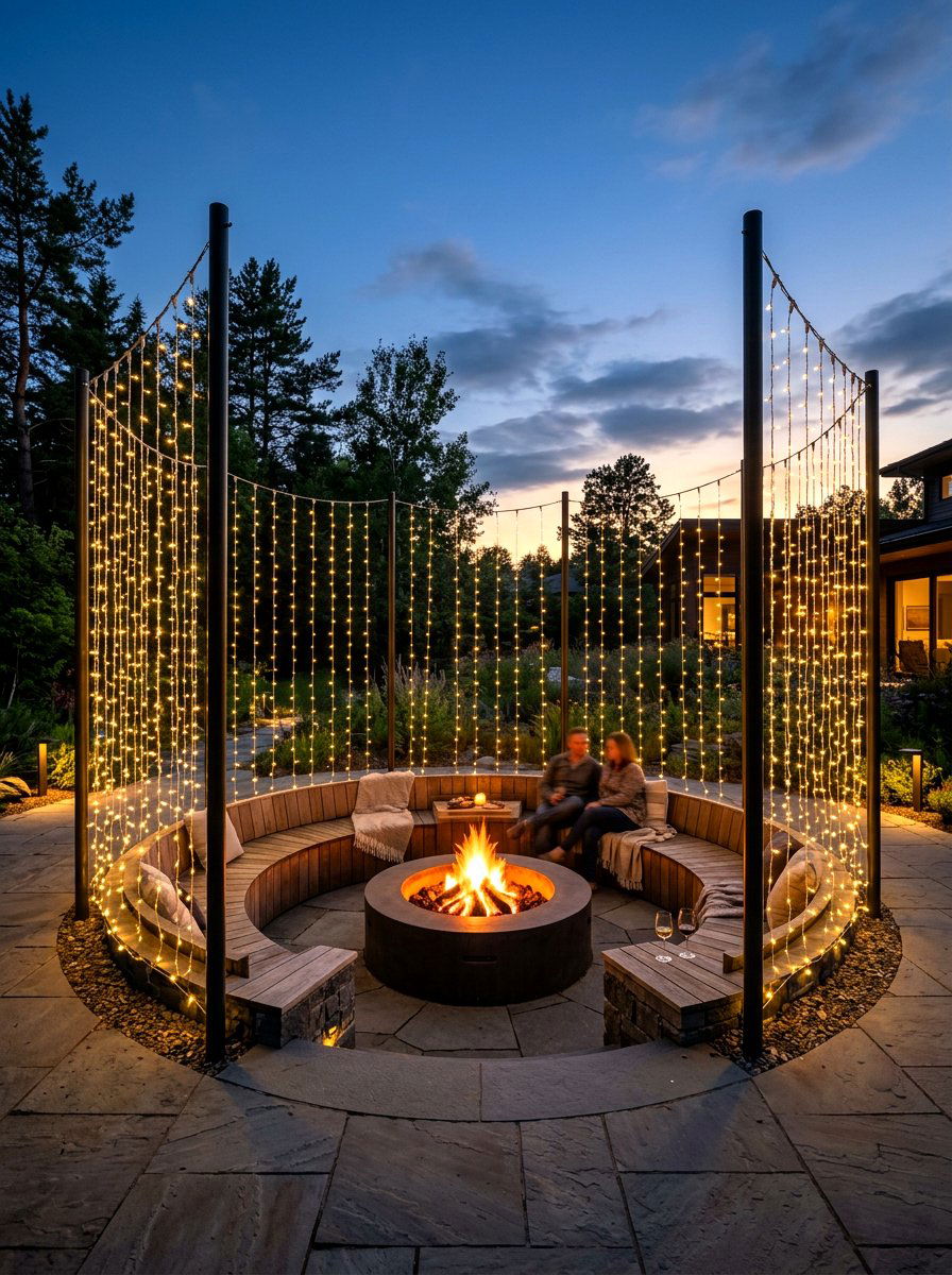 Fire pit curtain string light - 30 patio curtain string light ideas