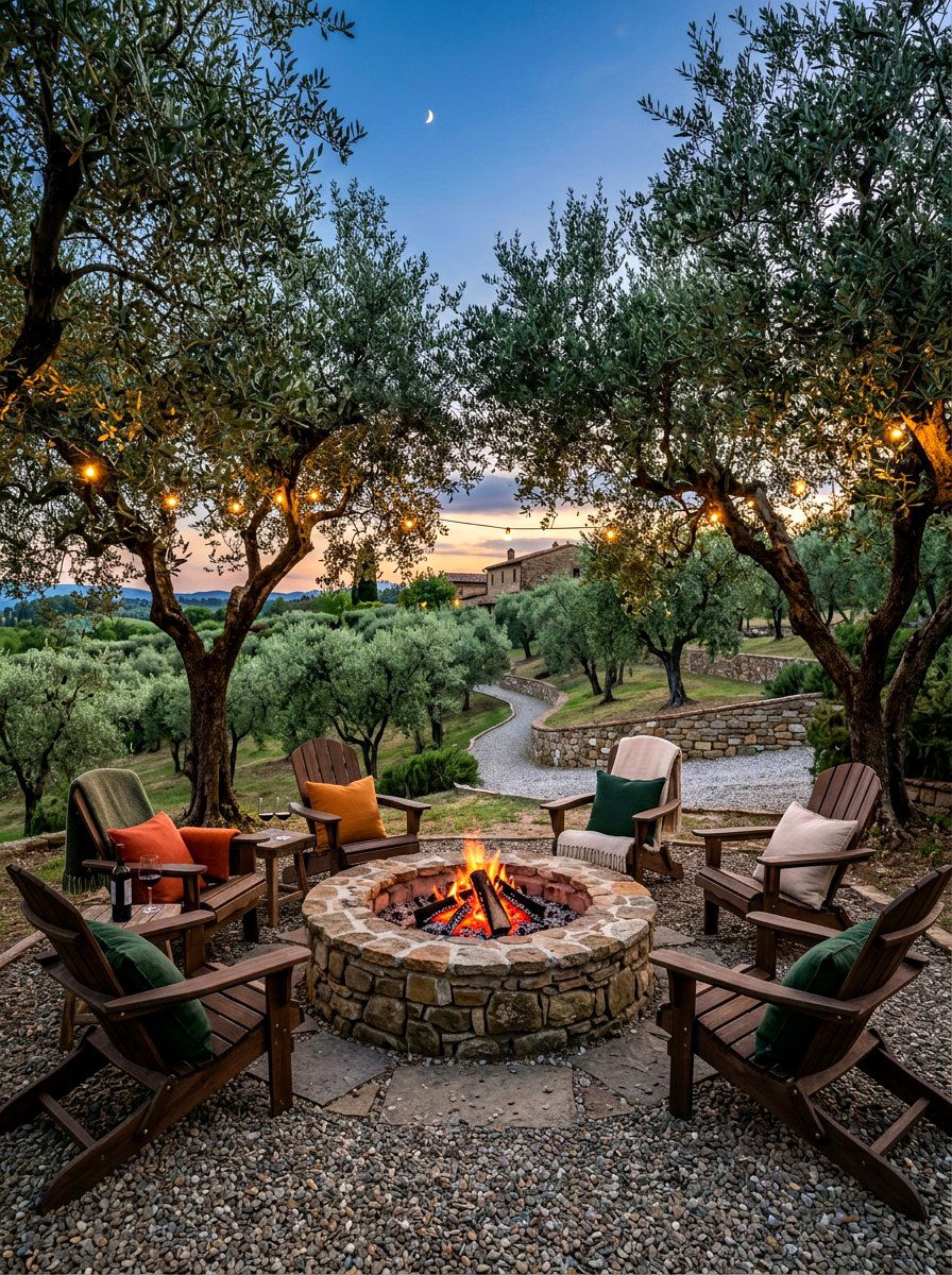 Fire pit in olive grove - 30 olive grove backyard ideas