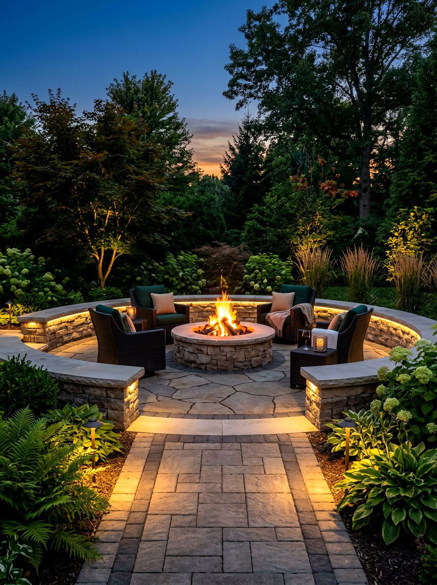 Fire pit patio with landscape lighting - 30 paver fire pit patio ideas