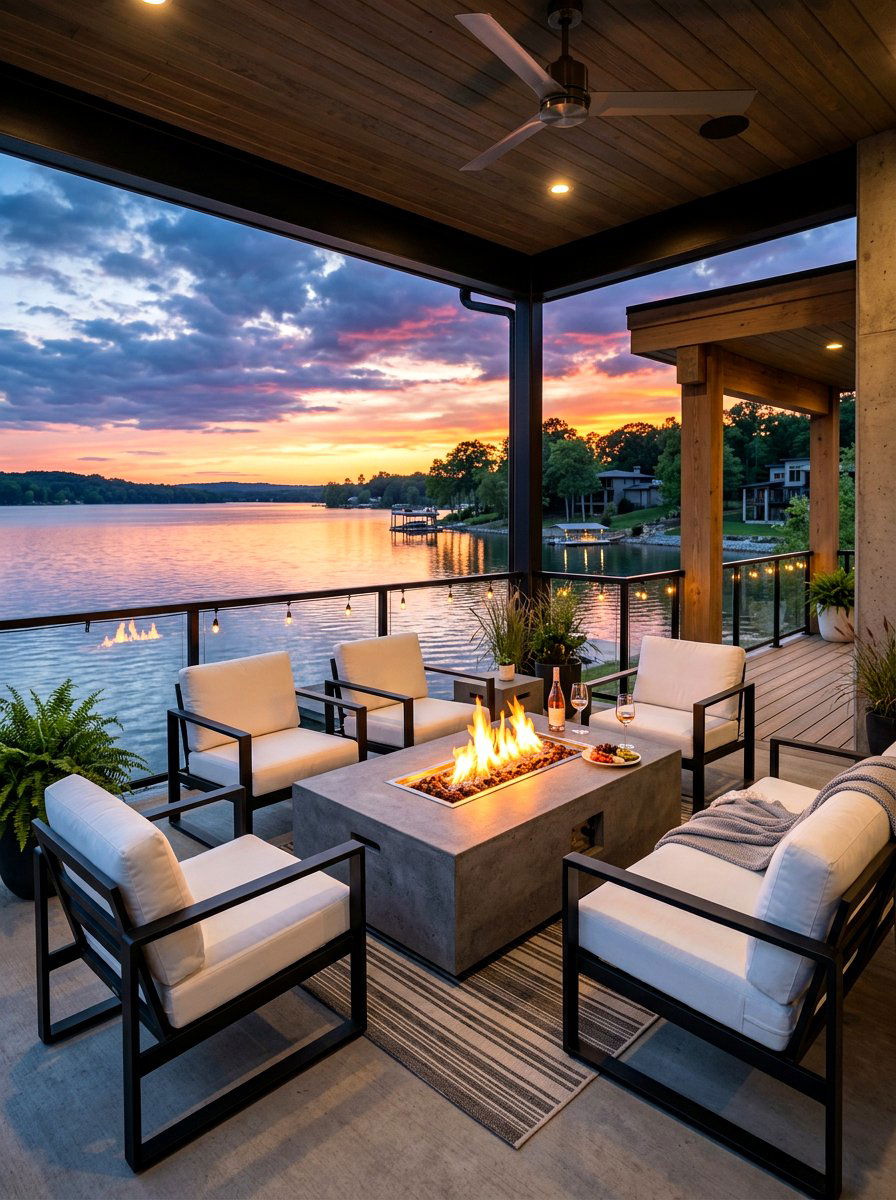 Fire pit porch table - 30 lake house porch ideas