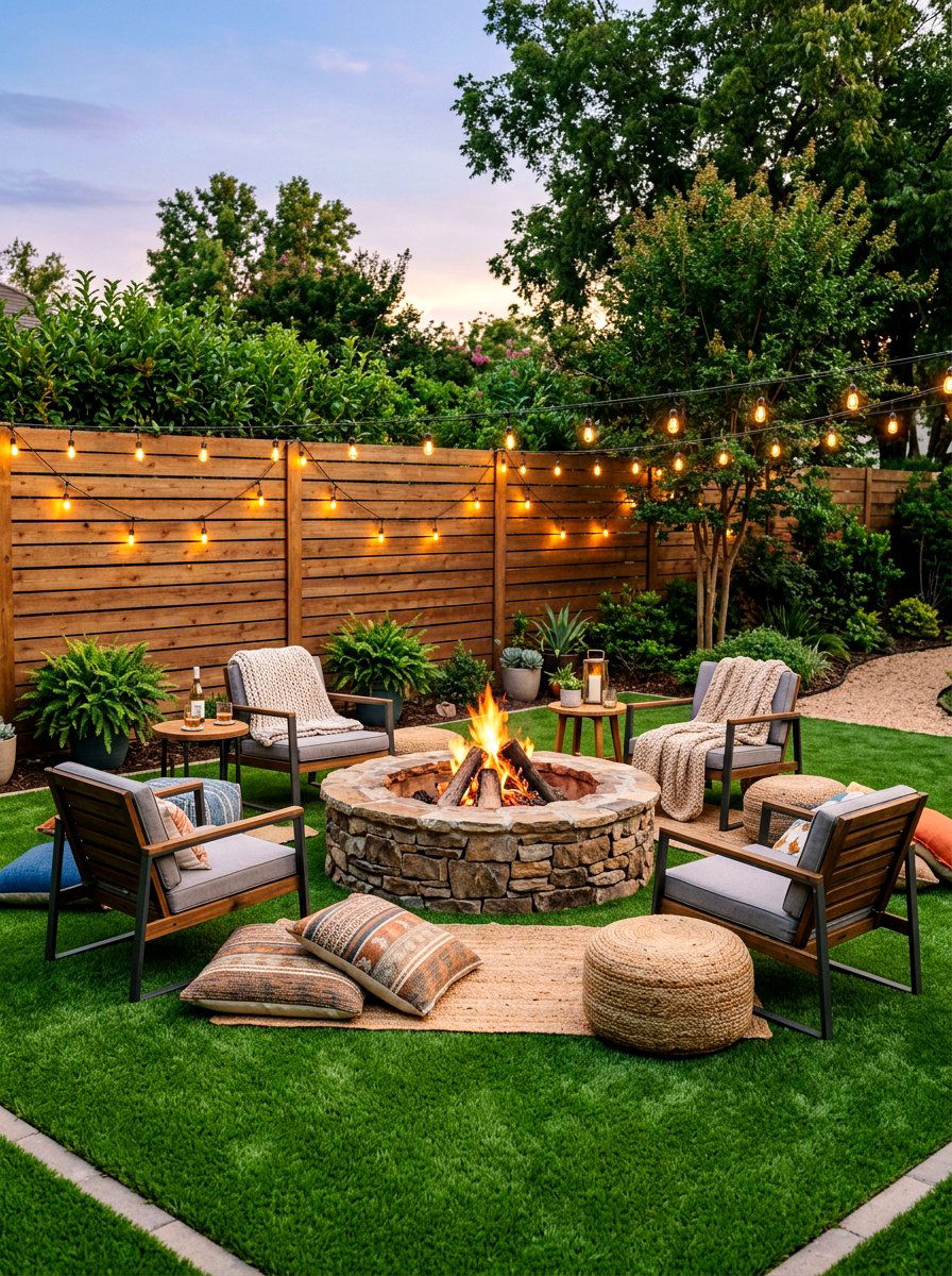 Fire pit turf seating - 30 artificial turf backyard ideas