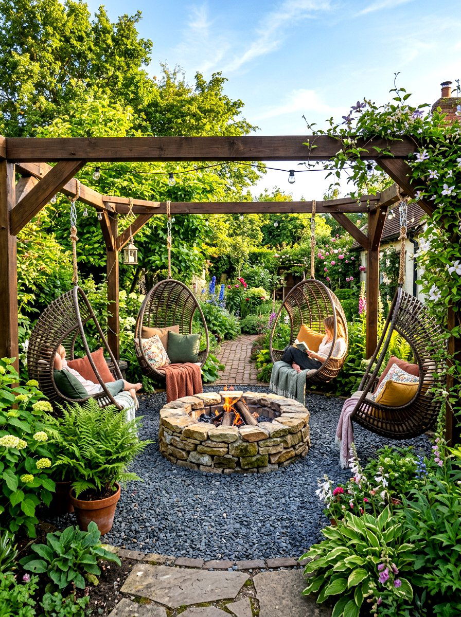Fire pit with swing chairs - 30 fire pit ideas