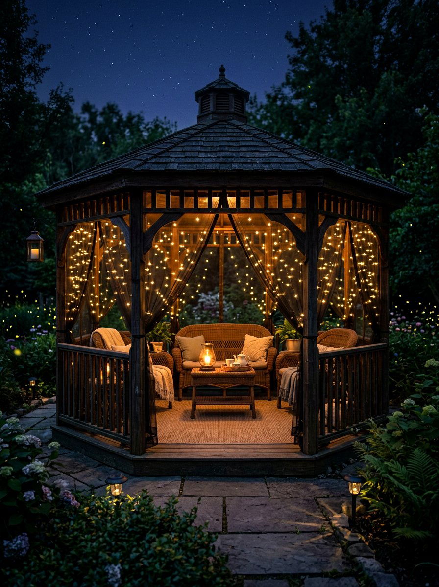 Firefly Lights Inside Outdoor Mesh - 30 gazebo curtain lighting ideas