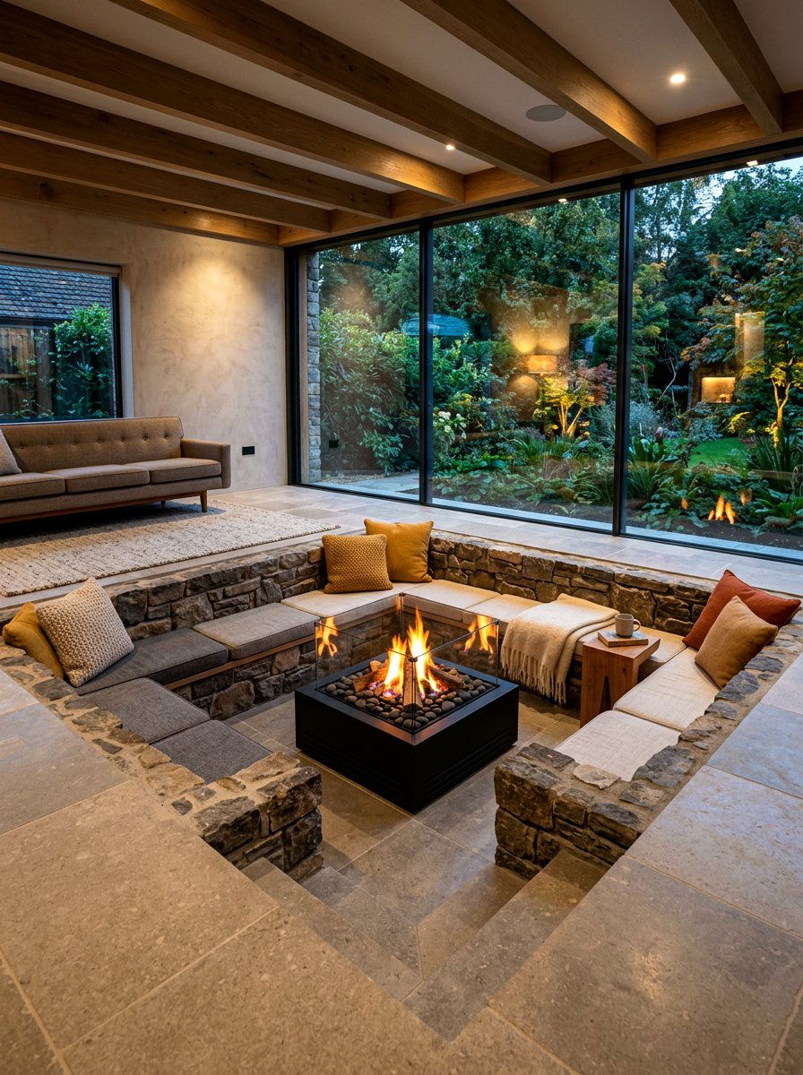 Fireplace Centered Sunken Pit - 30 step down living room ideas