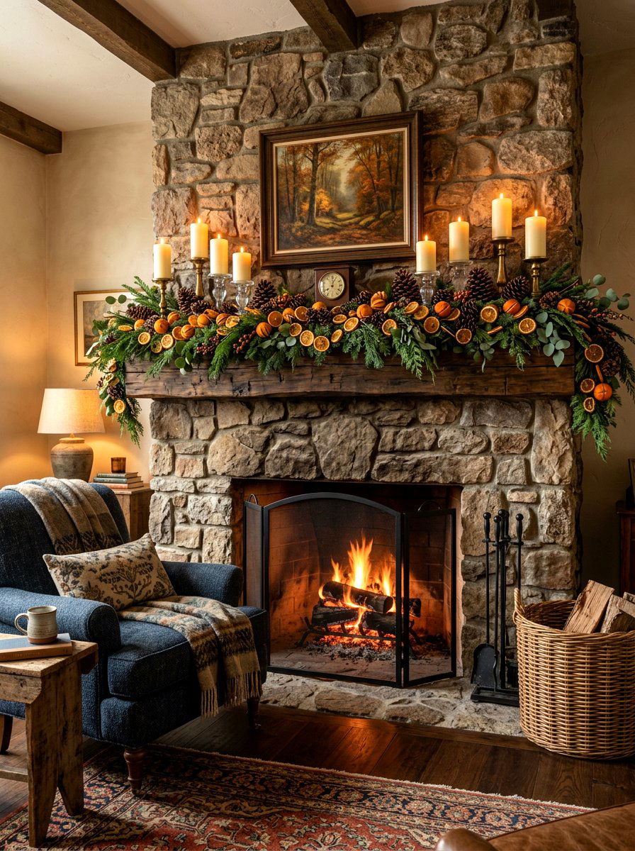 Fireplace Mantle Display - 30 dried orange decor ideas