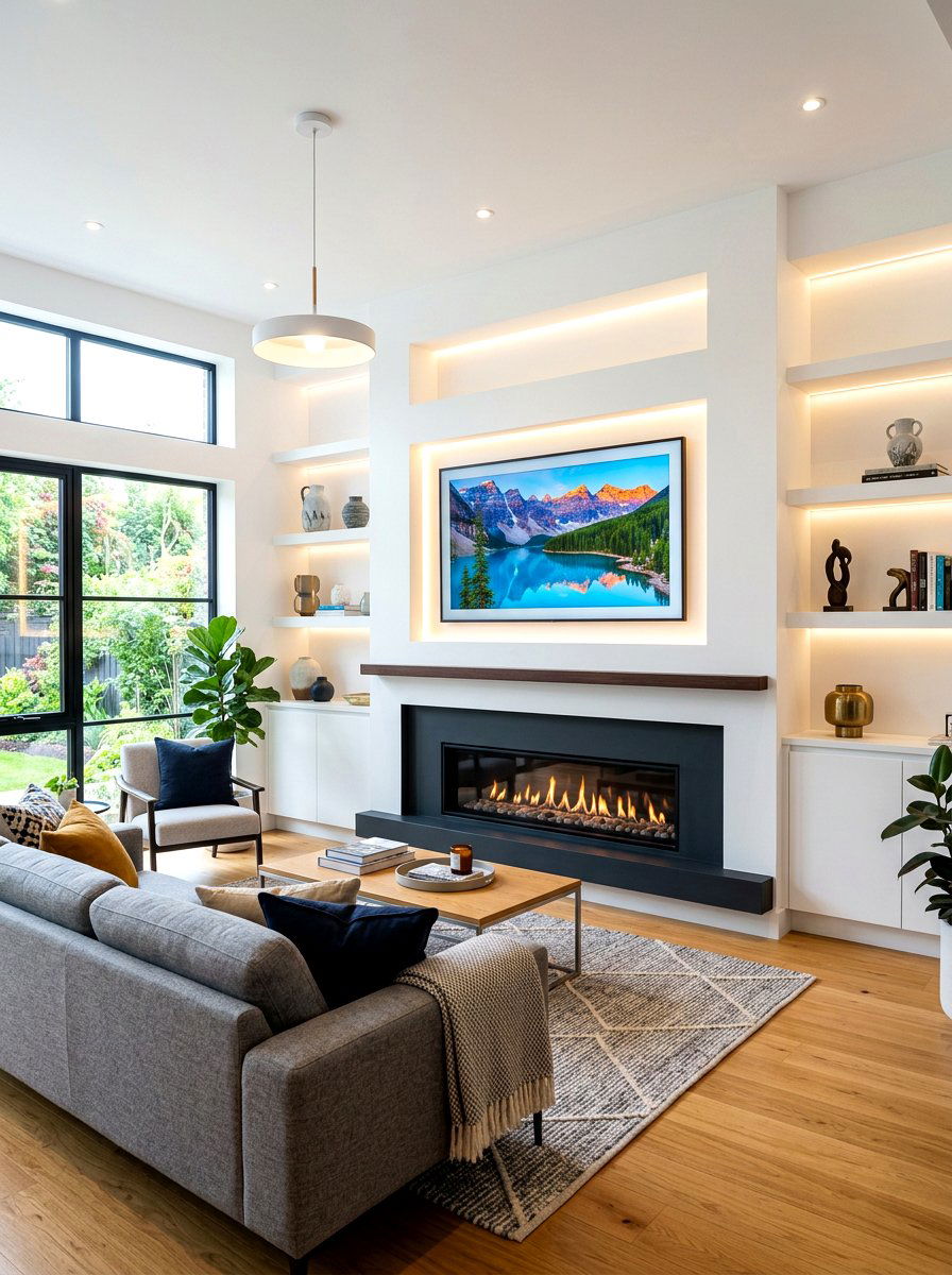 Fireplace With TV In Niche - 30 fireplace and TV layout ideas