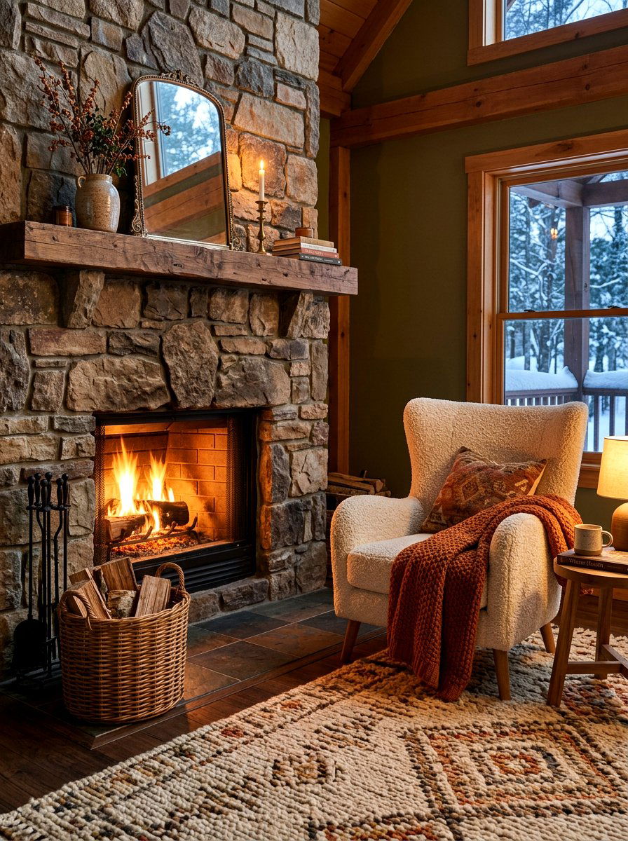 Fireplace corner with boucle chair - 30 boucle chair corner ideas