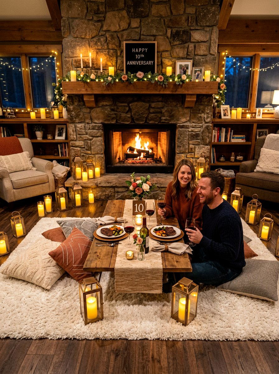 Fireplace floor seating dinner - 30 anniversary dinner at home ideas
