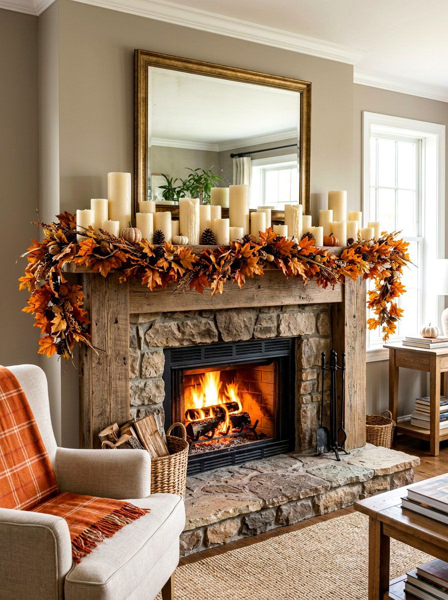 Fireplace mantel fall candle styling - 30 candle heavy fall decor ideas