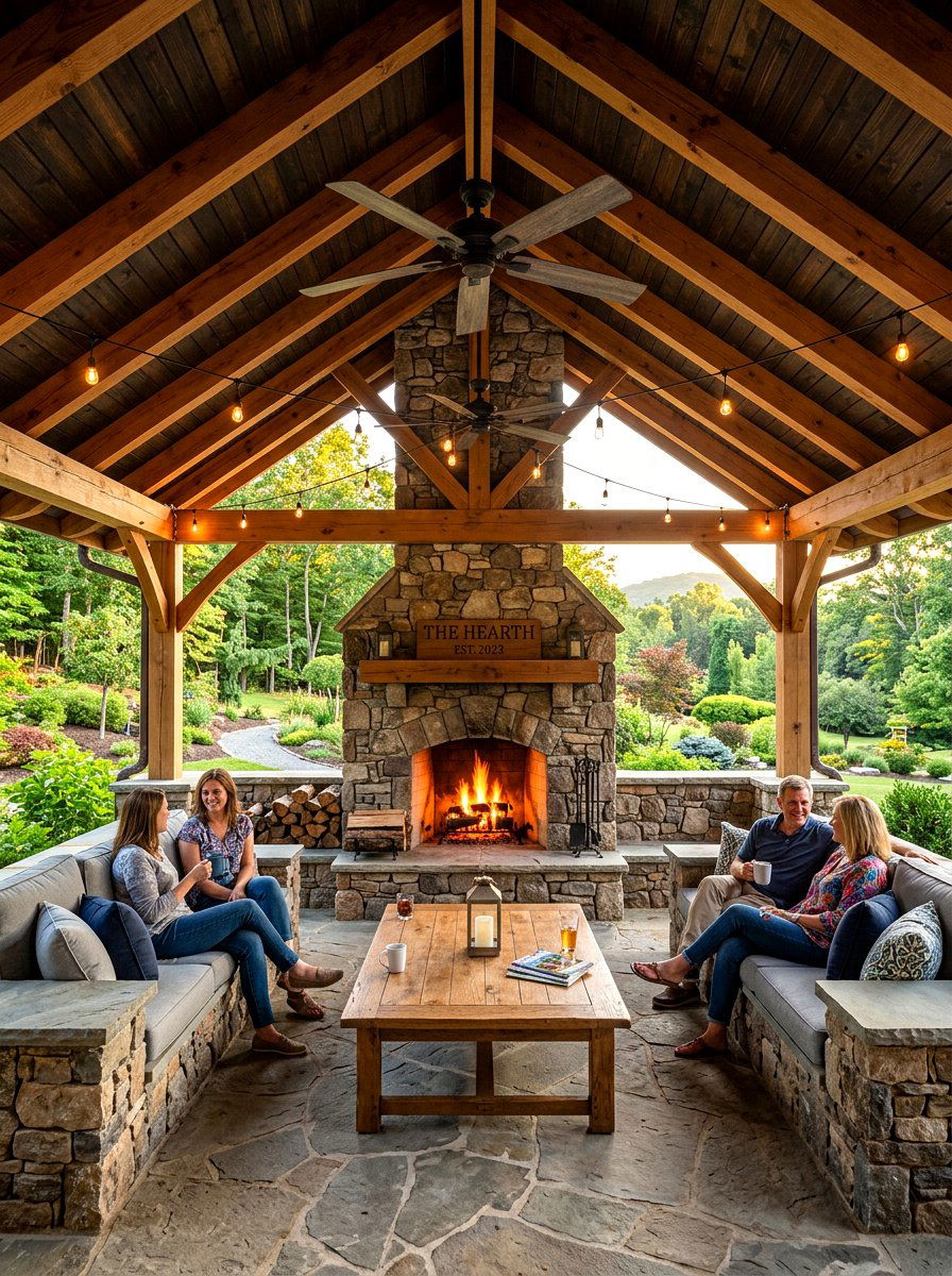 Fireplace pavilion with built in seating - 30 pavilion fireplace ideas