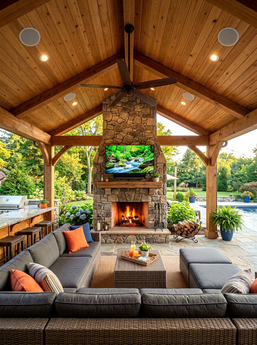 Fireplace pavilion with tv mount - 30 pavilion fireplace ideas
