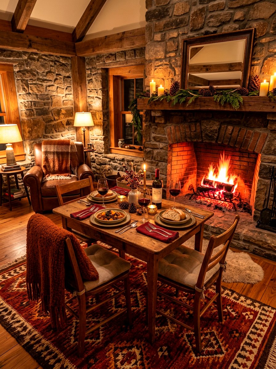 Fireplace side dinner setup - 30 romantic dinner party ideas at home
