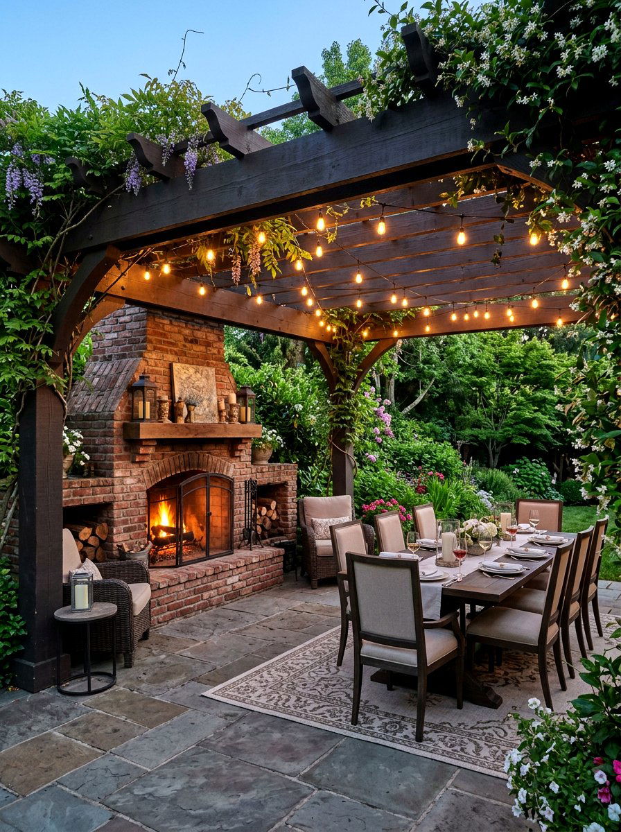 Fireplace under pergola - 30 outdoor fireplace ideas