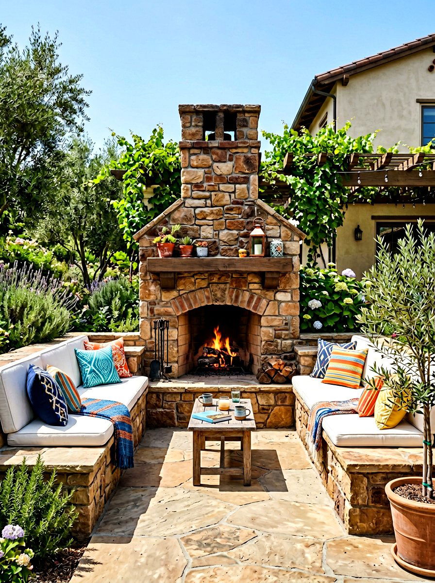 Fireplace with built in seating - 30 outdoor fireplace ideas