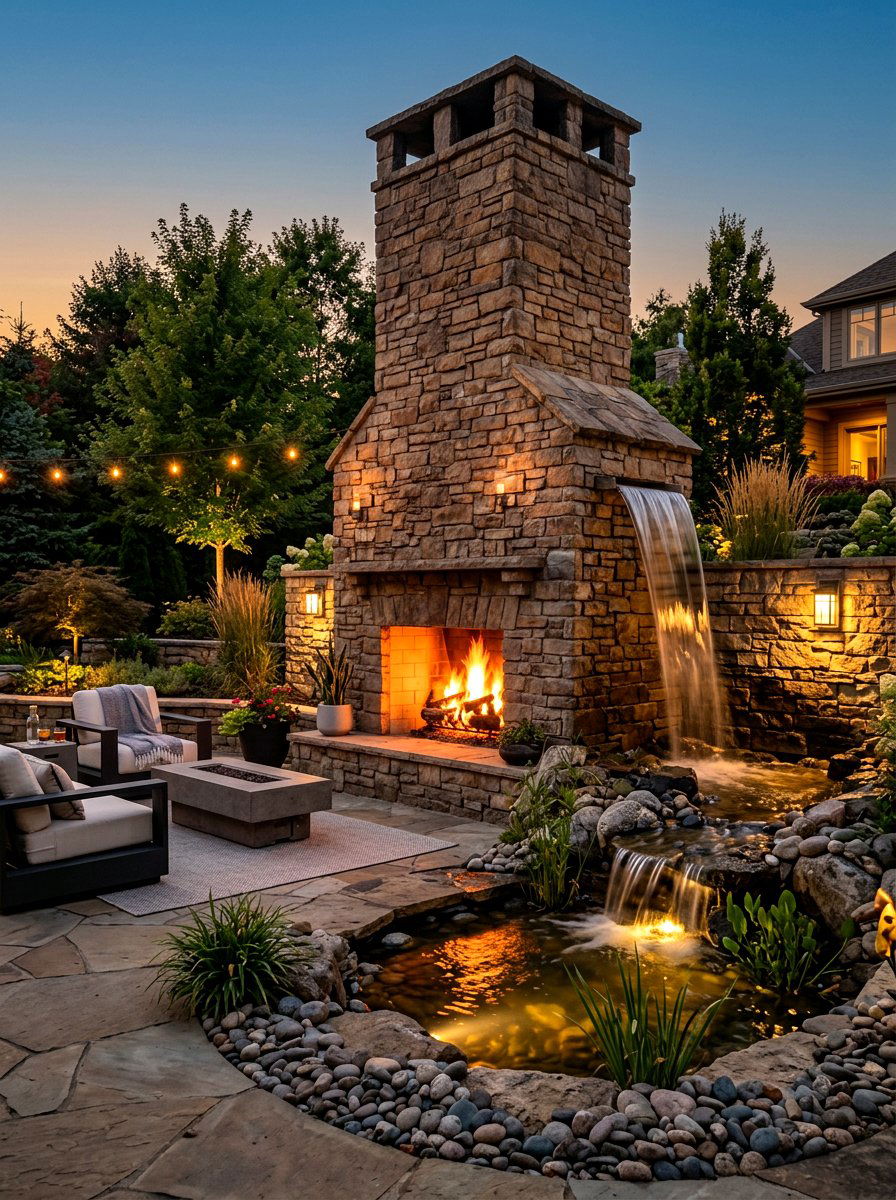 Fireplace with water feature - 30 outdoor fireplace ideas