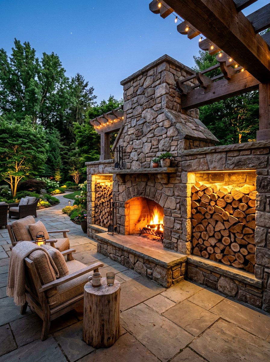Fireplace with wood storage - 30 outdoor fireplace ideas
