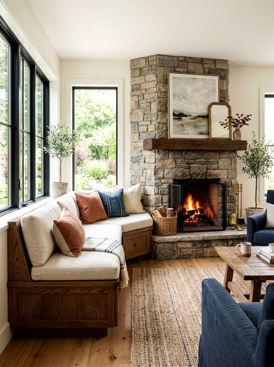 Fireside corner bench - 30 hearth seating ideas