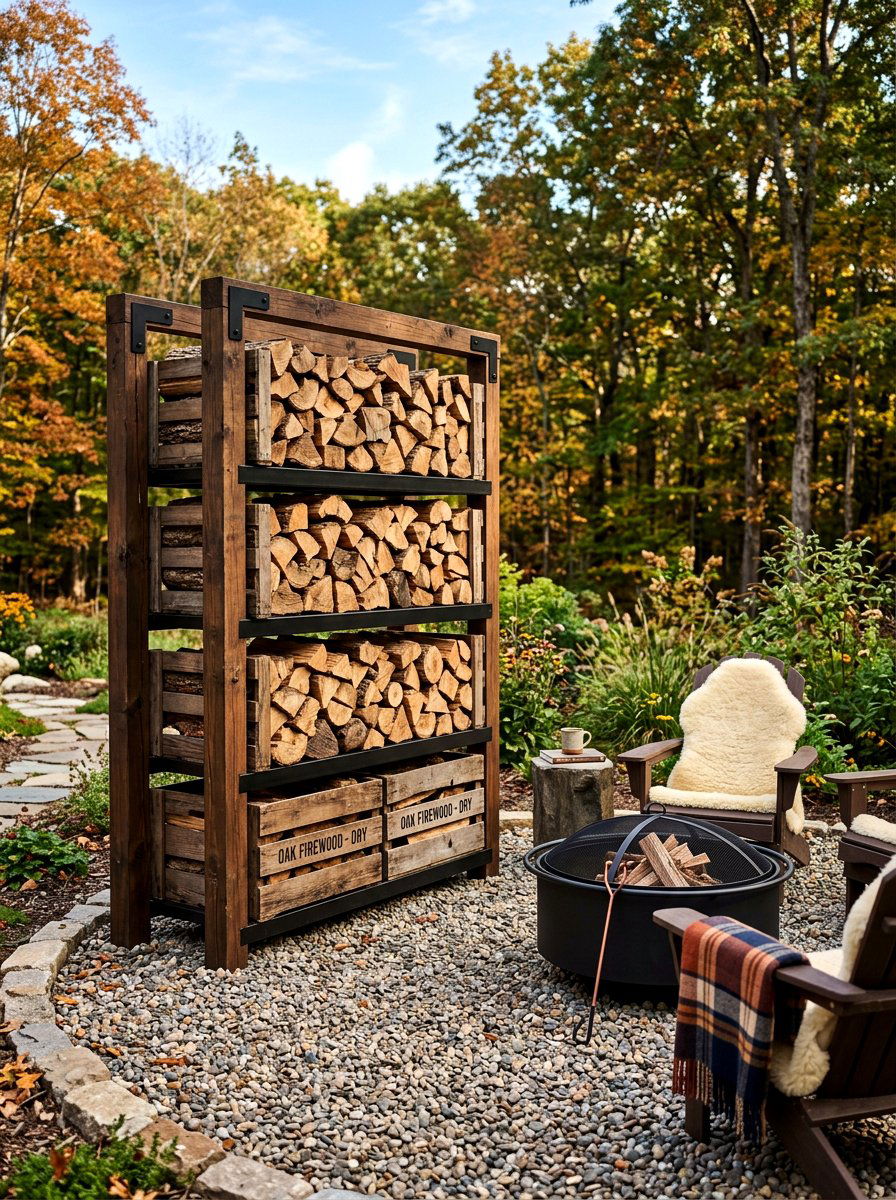 Firewood Storage Crate Rack - 30 garden crate storage ideas