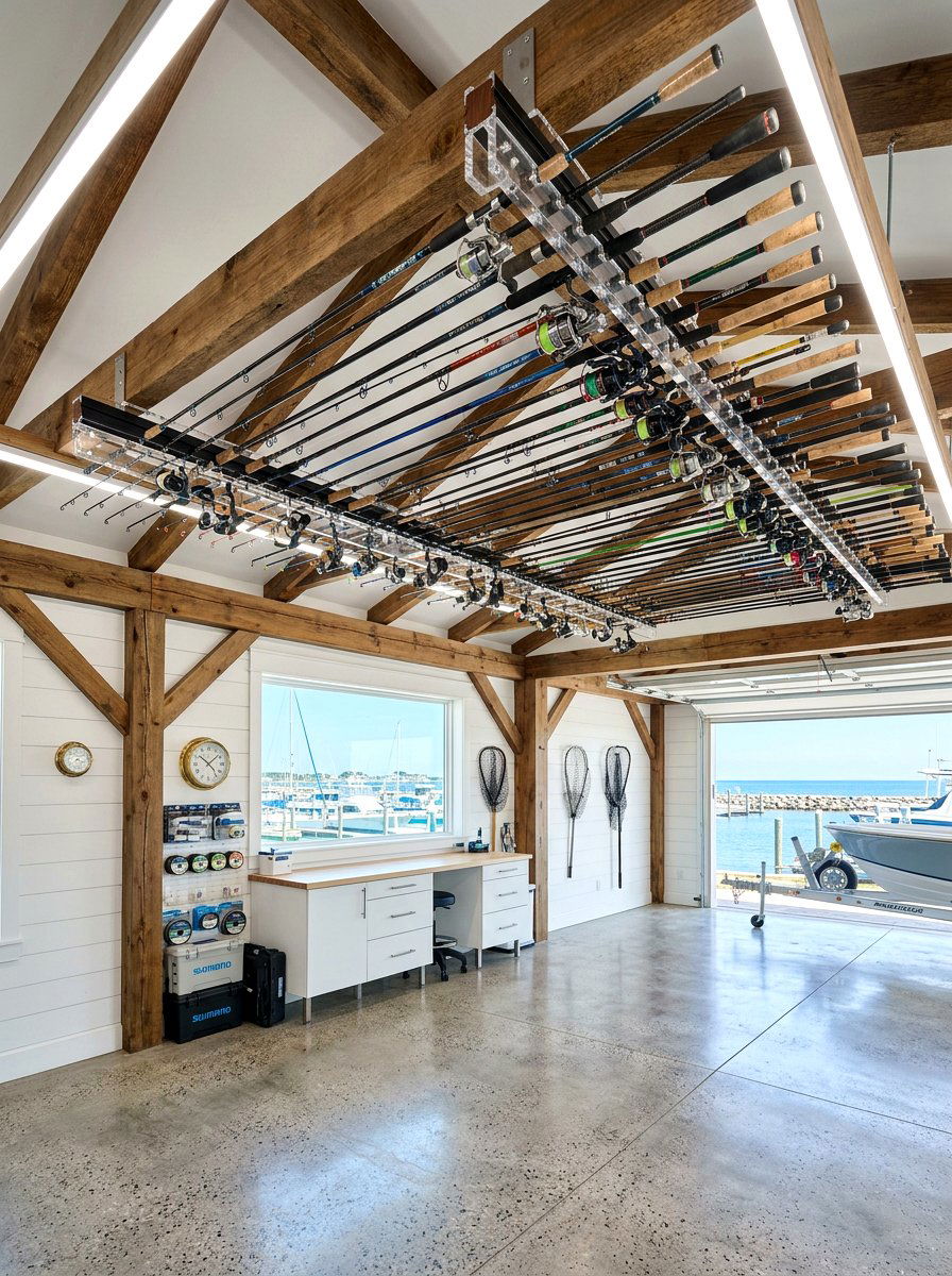 Fishing Rod Ceiling Rack - 30 garage sports equipment storage ideas