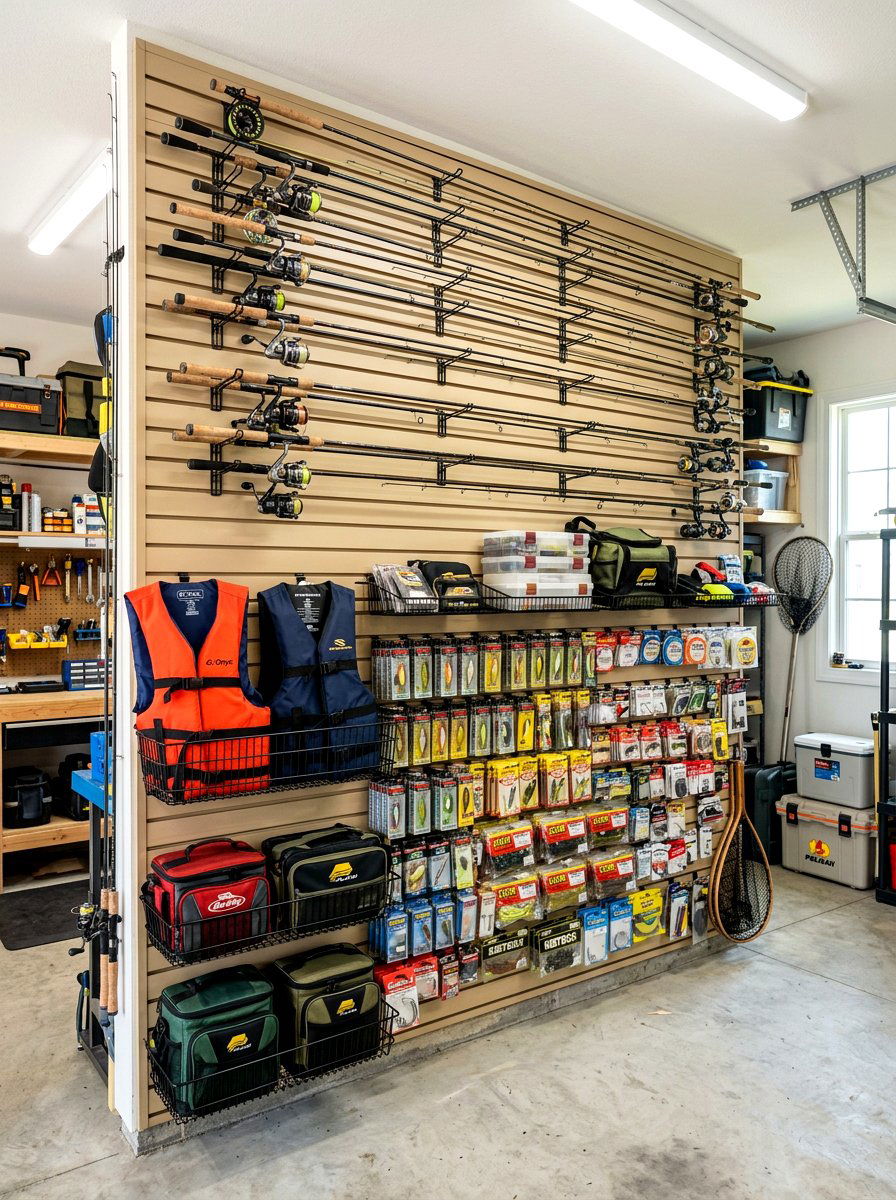 Fishing equipment display wall - 30 garage slatwall ideas
