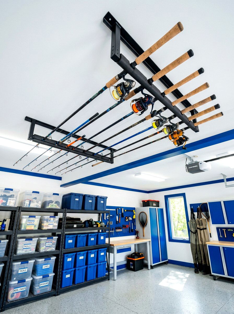 Fishing rod ceiling holder - 30 garage ceiling storage ideas
