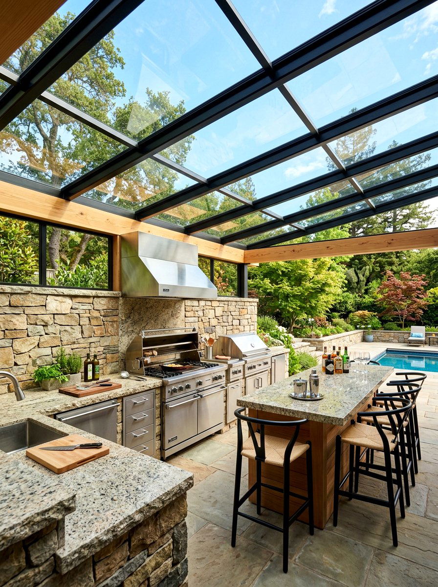 Fixed Glass Roof Over Outdoor Kitchen - 30 transparent patio roof ideas