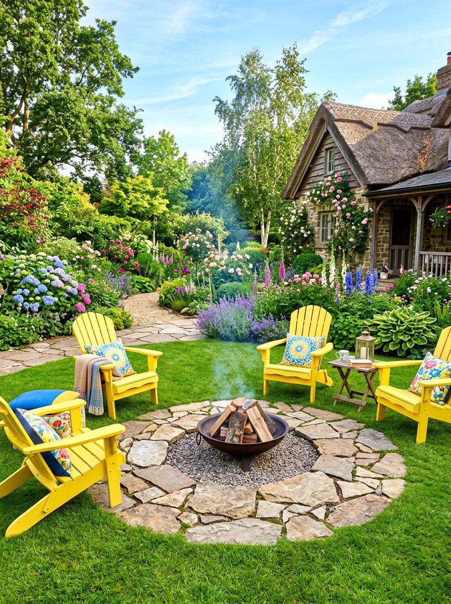 Flagstone And Grass Fire Pit - 30 adirondack fire pit circle ideas