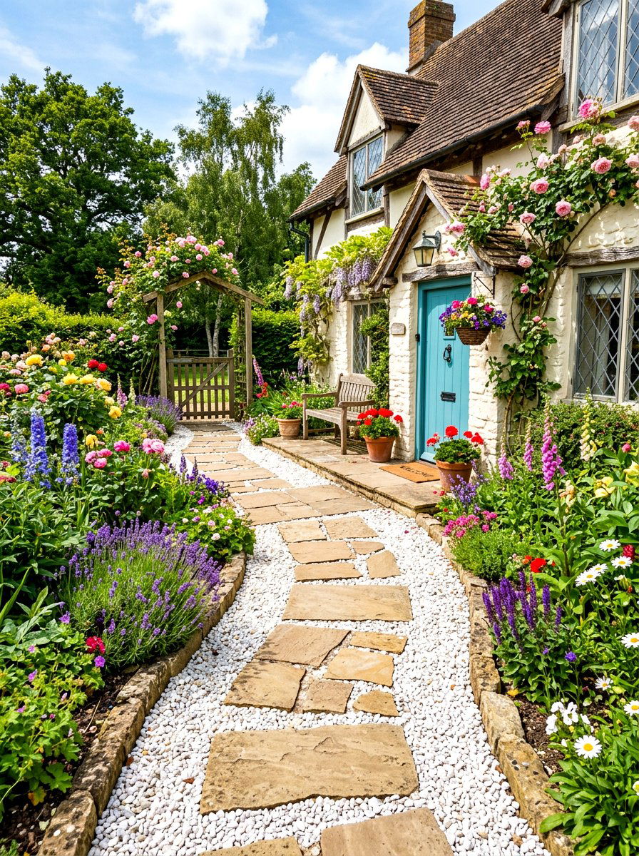 Flagstone And Gravel Path - 30 white gravel front yard ideas