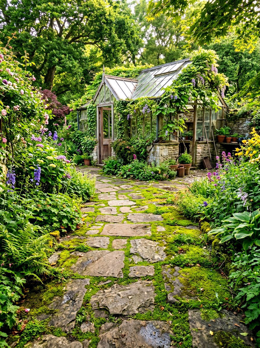 Flagstone And Moss - 30 greenhouse path ideas