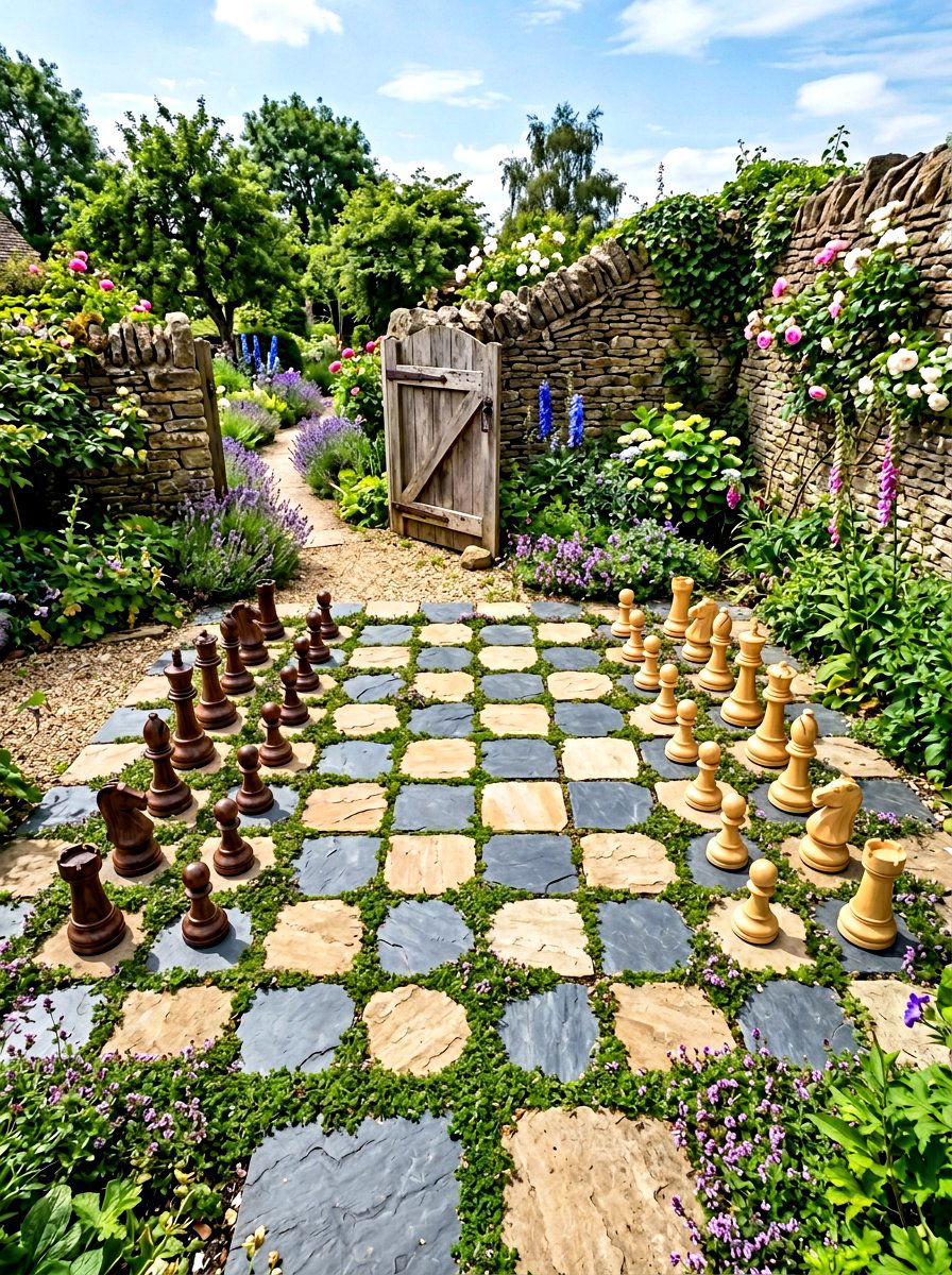 Flagstone Chess Patio - 30 outdoor chess garden ideas