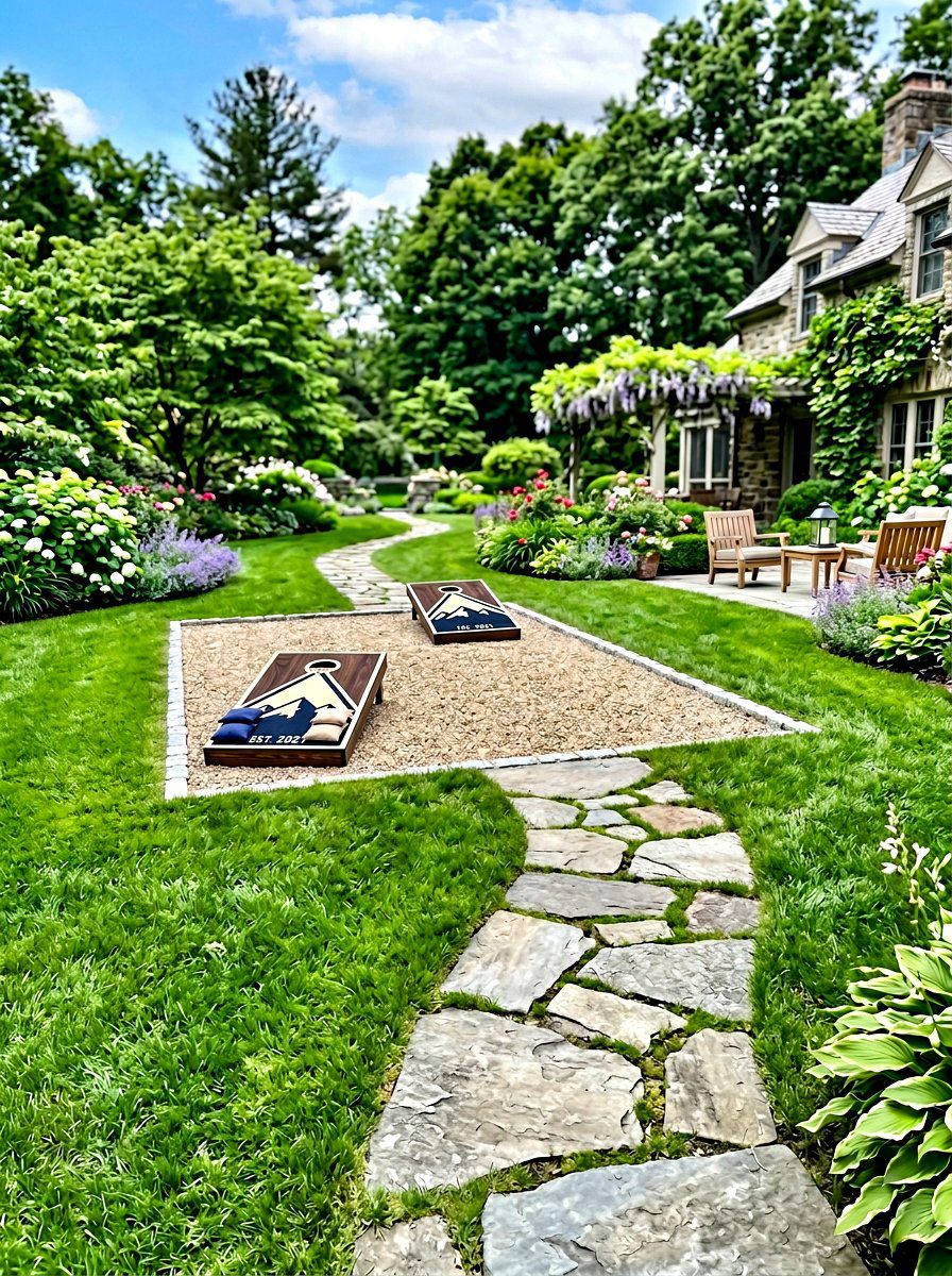 Flagstone Cornhole Path - 30 cornhole area ideas