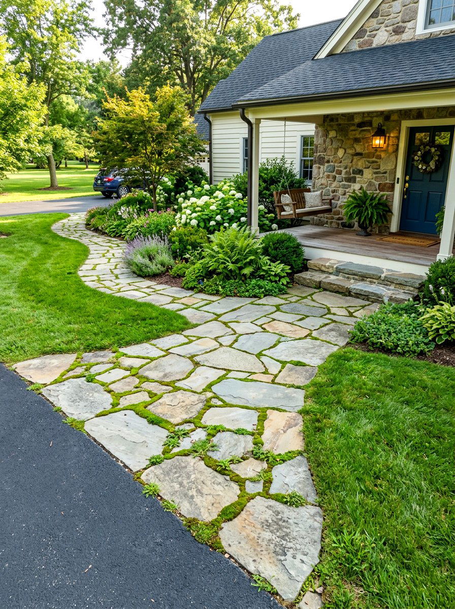 Flagstone Driveway Path - 30 driveway landscaping ideas