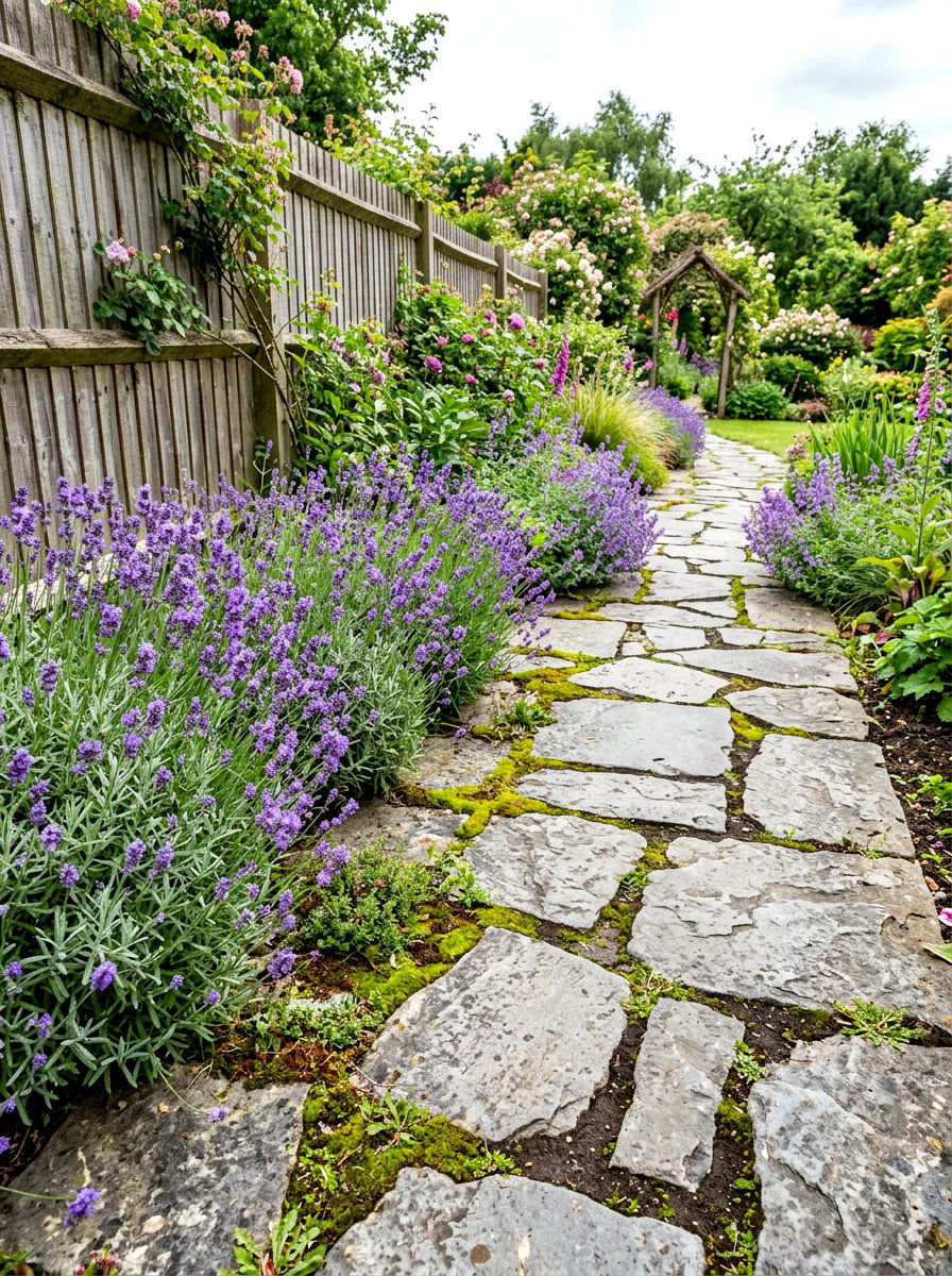 Flagstone Garden Path - 30 fence line landscaping ideas