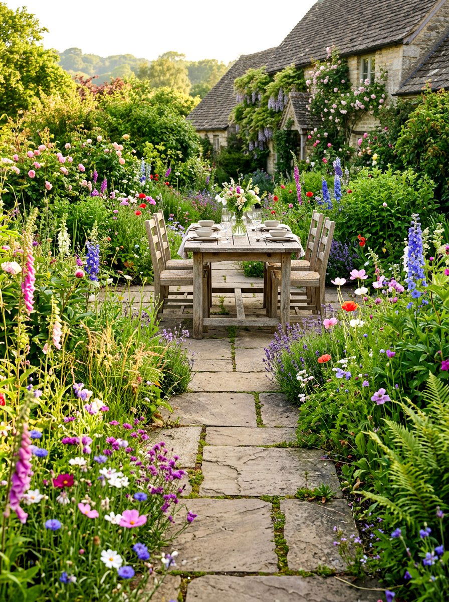 Flagstone Garden Path Dining - 30 Nancy Meyers outdoor dining ideas