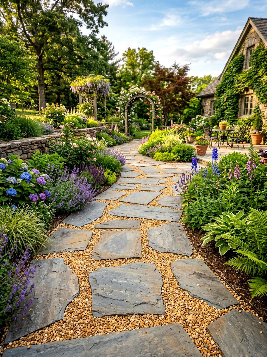 Flagstone Gravel Combo - 30 gravel walkway ideas