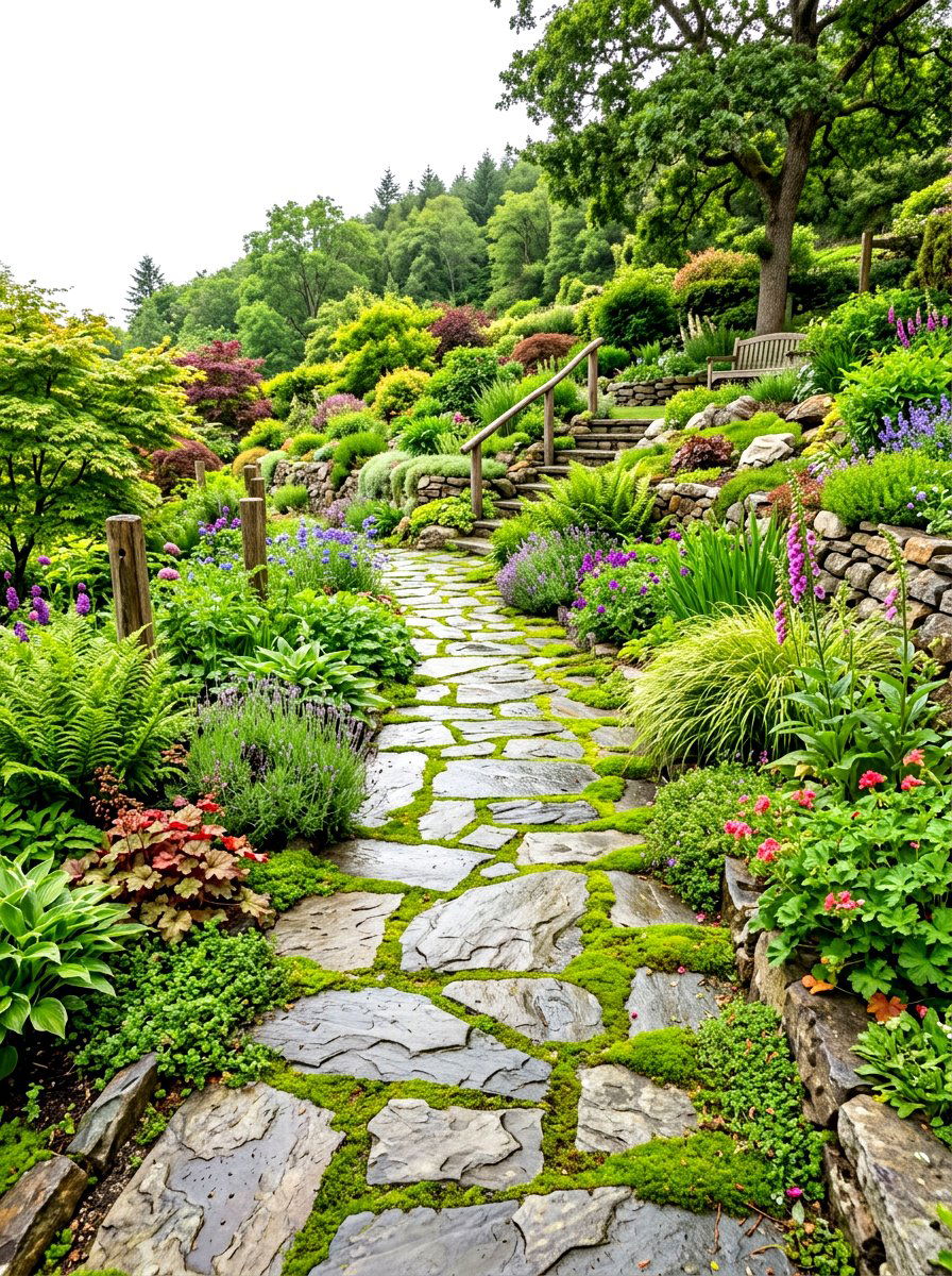 Flagstone Path Hillside Garden - 30 slope garden ideas