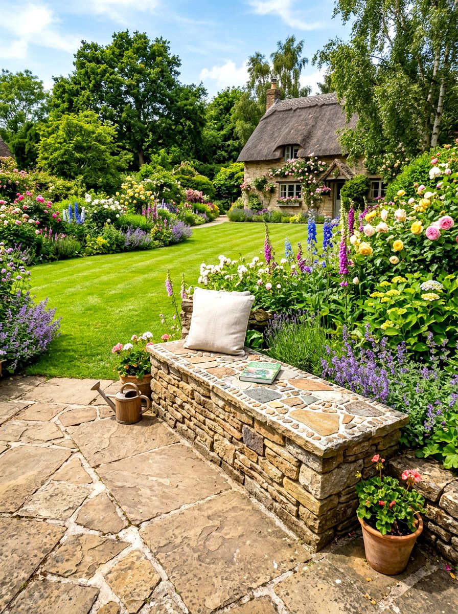 Flagstone Patio Bench - 30 built in bench backyard ideas