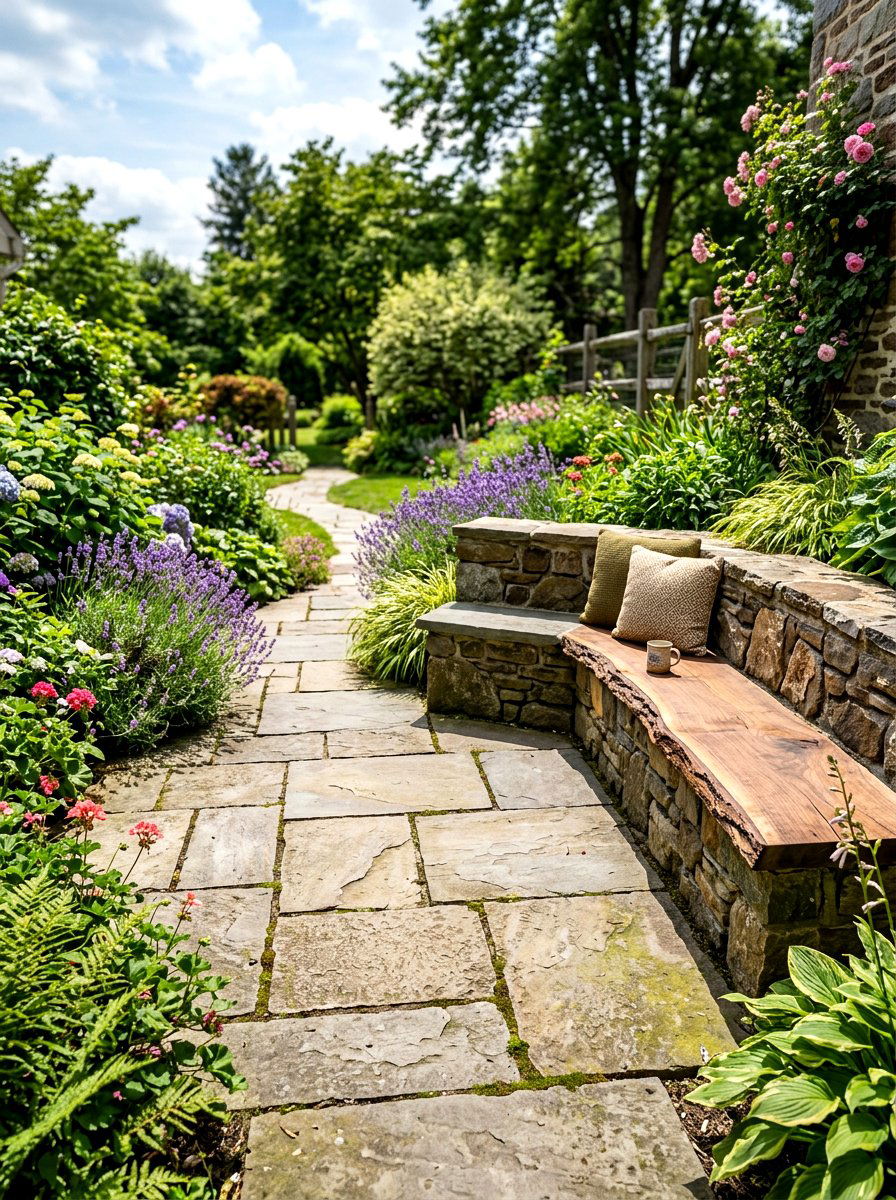 Flagstone Patio Bench - 30 rustic backyard seating ideas