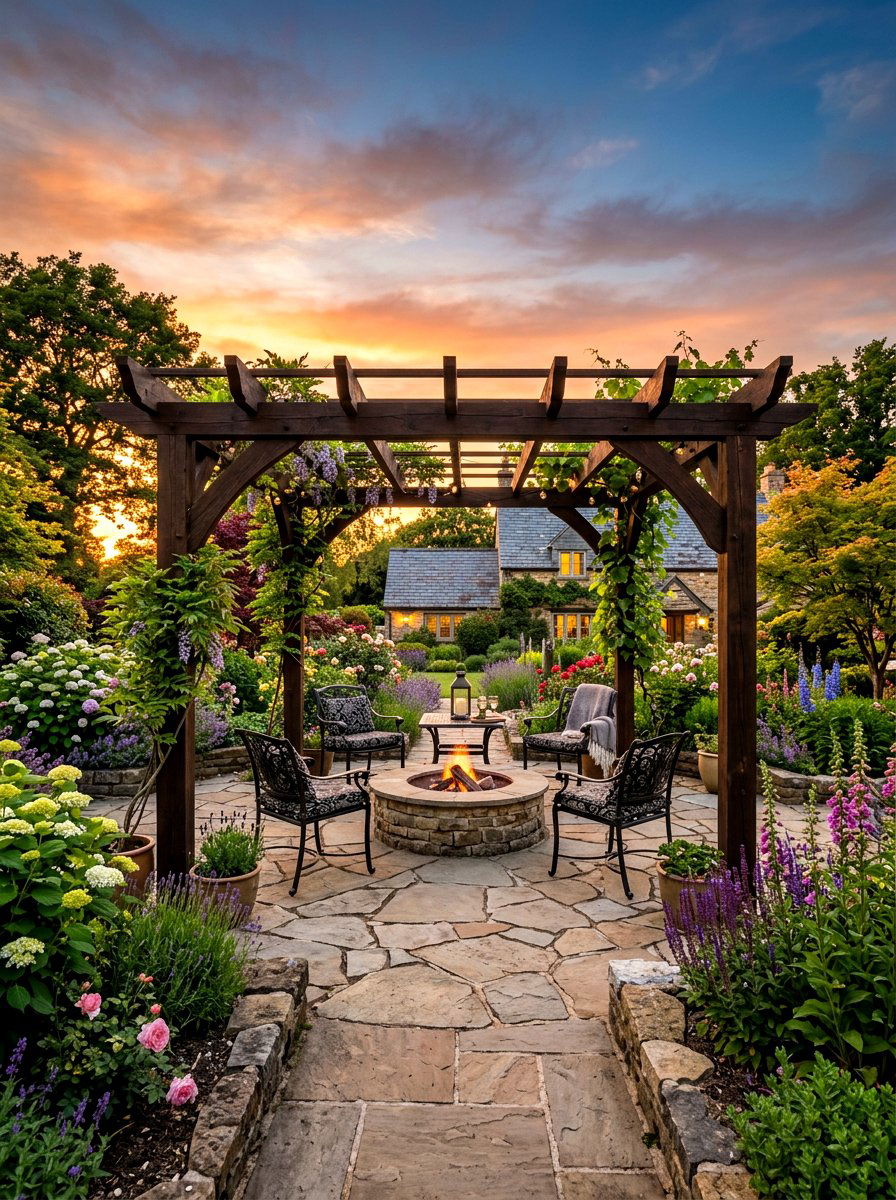 Flagstone Patio Pergola - 30 fire pit pergola ideas