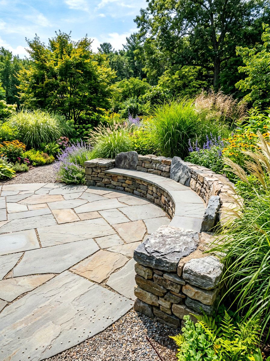 Flagstone Patio With Curved Stone Bench - 30 curved bench garden ideas