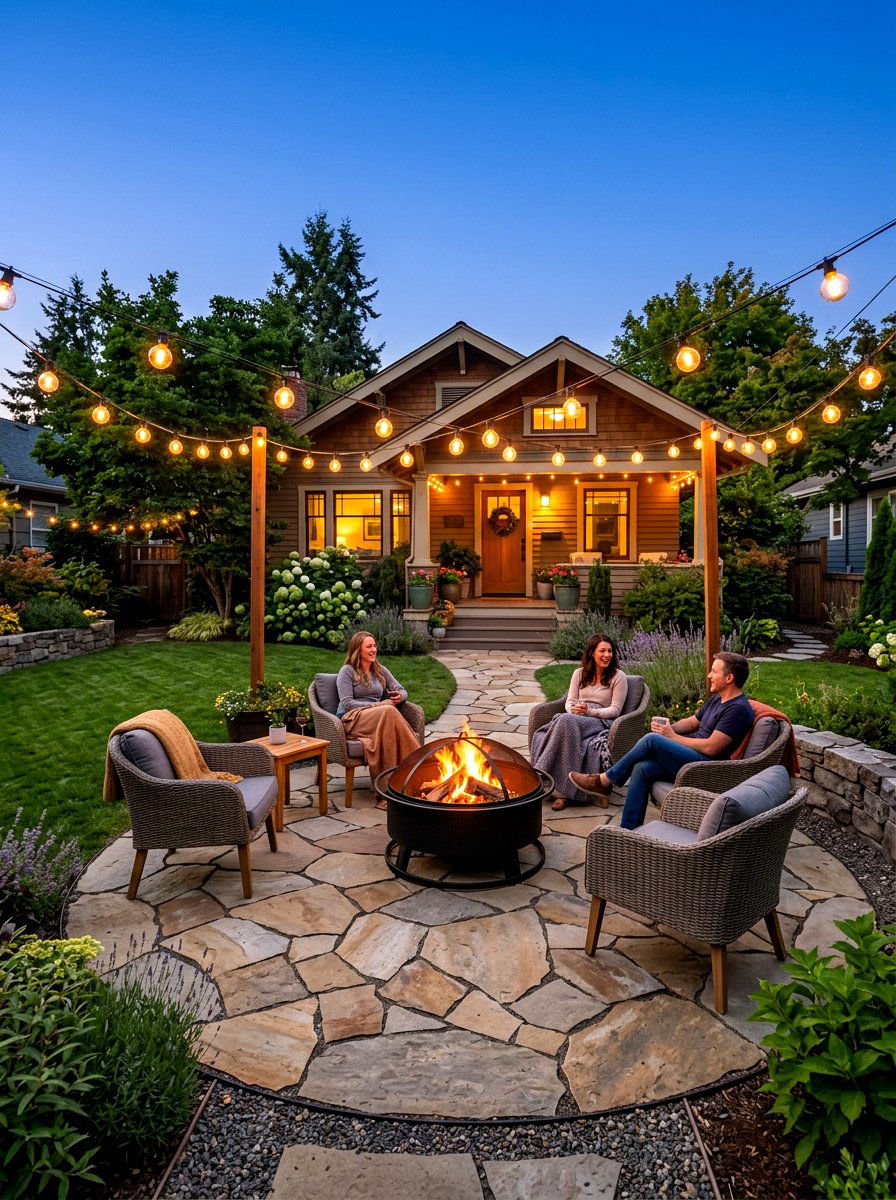 Flagstone Patio With Fire Pit - 30 bungalow front yard ideas