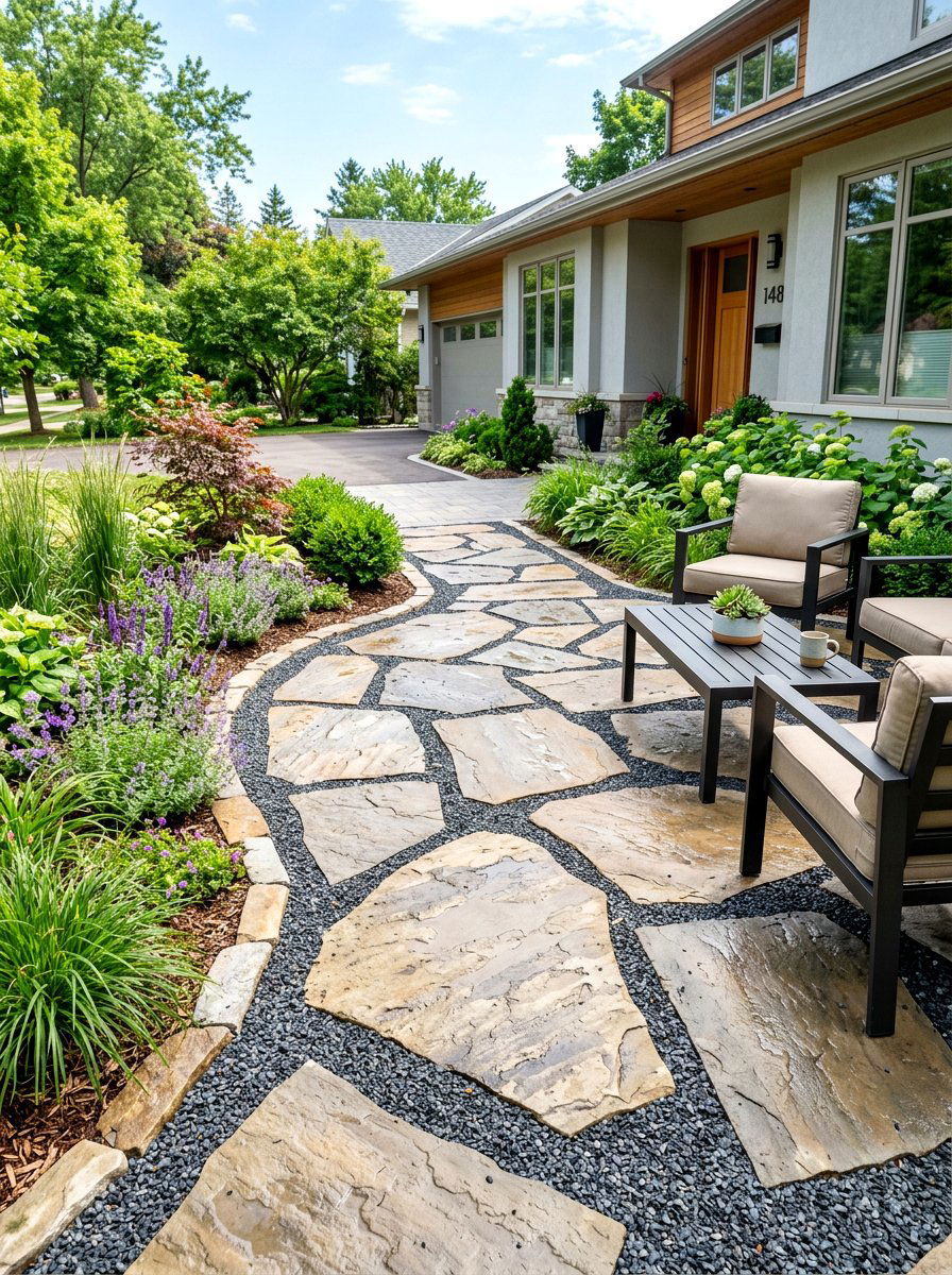 Flagstone Rock Combination - 30 rock mulch front yard ideas