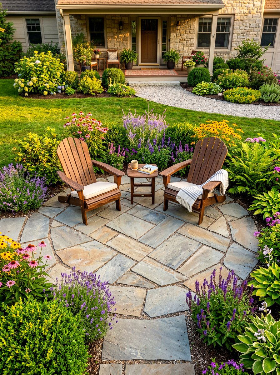 Flagstone Seating Area - 30 front lawn landscaping ideas
