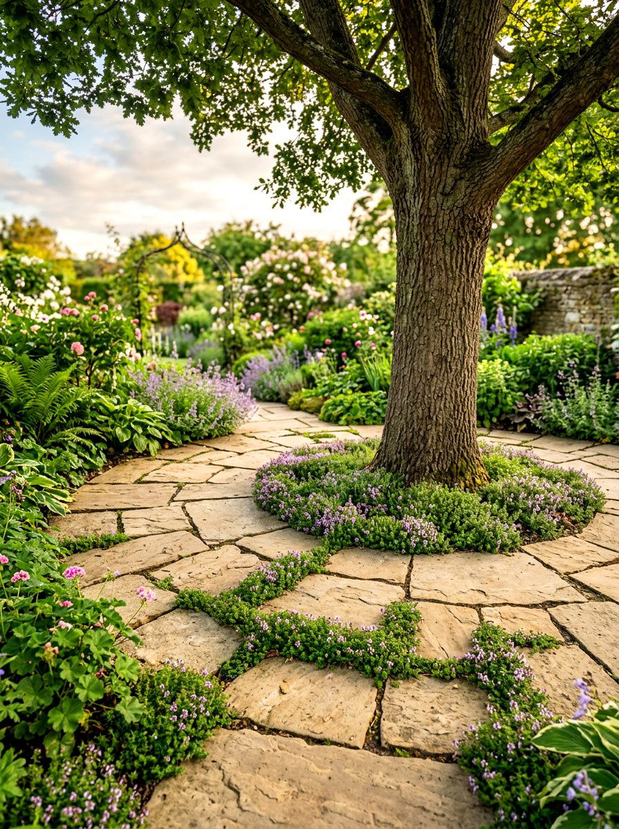 Flagstone Tree Border - 30 tree ring flower bed ideas