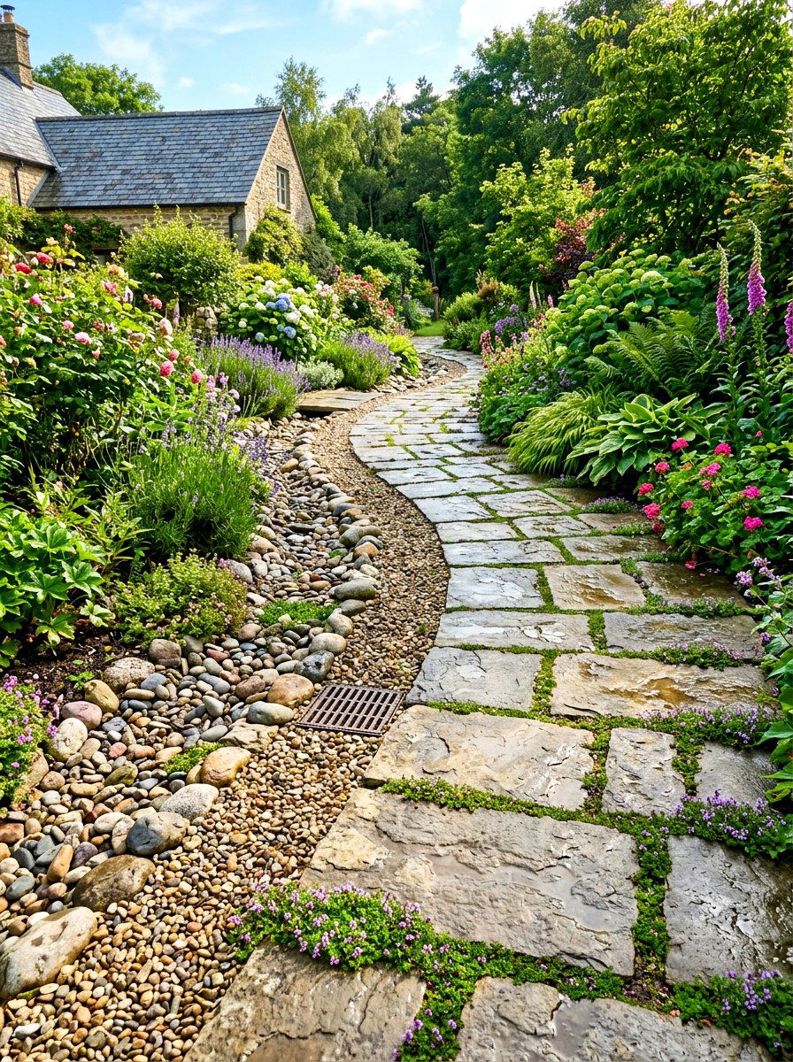 Flagstone Walkway Rain Drainage - 30 rainwater garden ideas